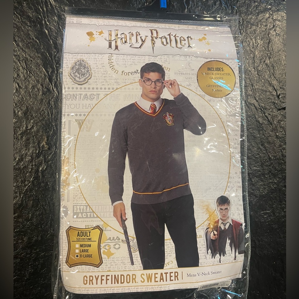 Harry Potter Halloween Costume Gryffindor Sweater glasses and Neck Tie ADULT XL